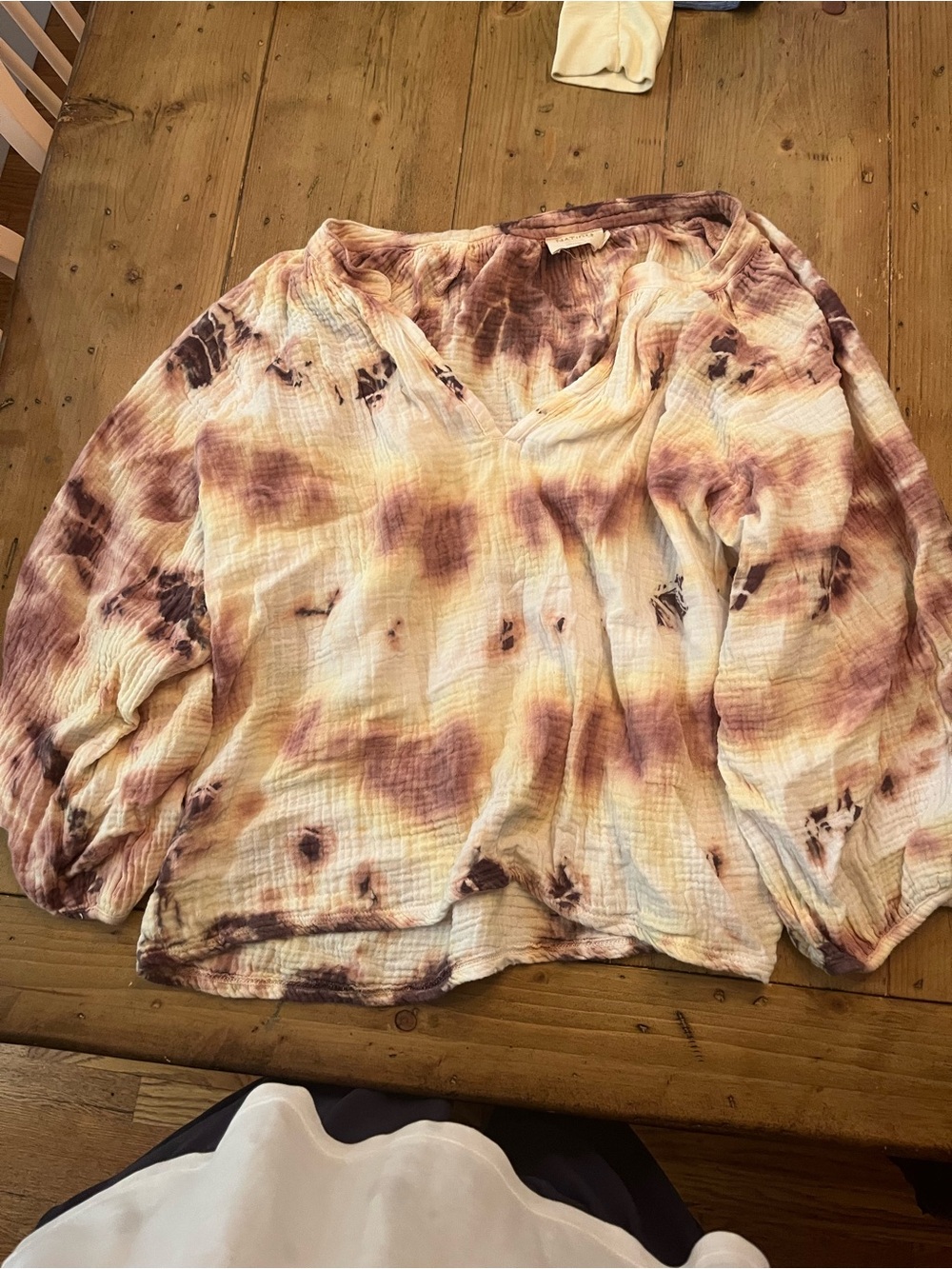 Nation LTD Cream Yellow Purple Tie-Dye V-Neck Gauze Blouse boho hippie M